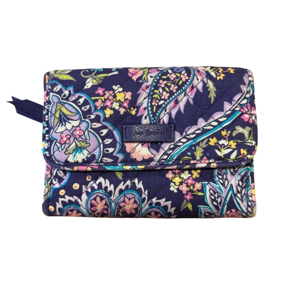 Vera Bradley Quilted Cotton Trifold Wallet Navy Blue Paisley Floral Snap Closure